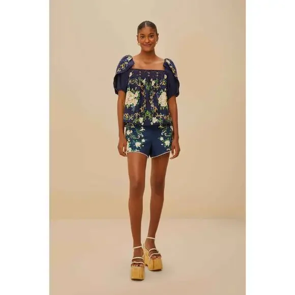 Farm Rio Blue Flower Tapestry Yoke Blouse - Picture 4 of 7